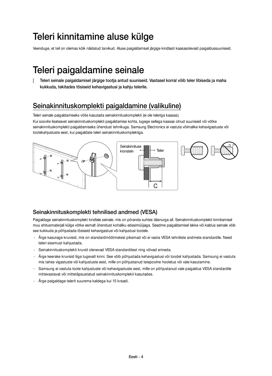 Samsung UE60H7000SLXXH, UE55H7000SLXXH, UE40H7000SLXXH manual Teleri kinnitamine aluse külge, Teleri paigaldamine seinale 