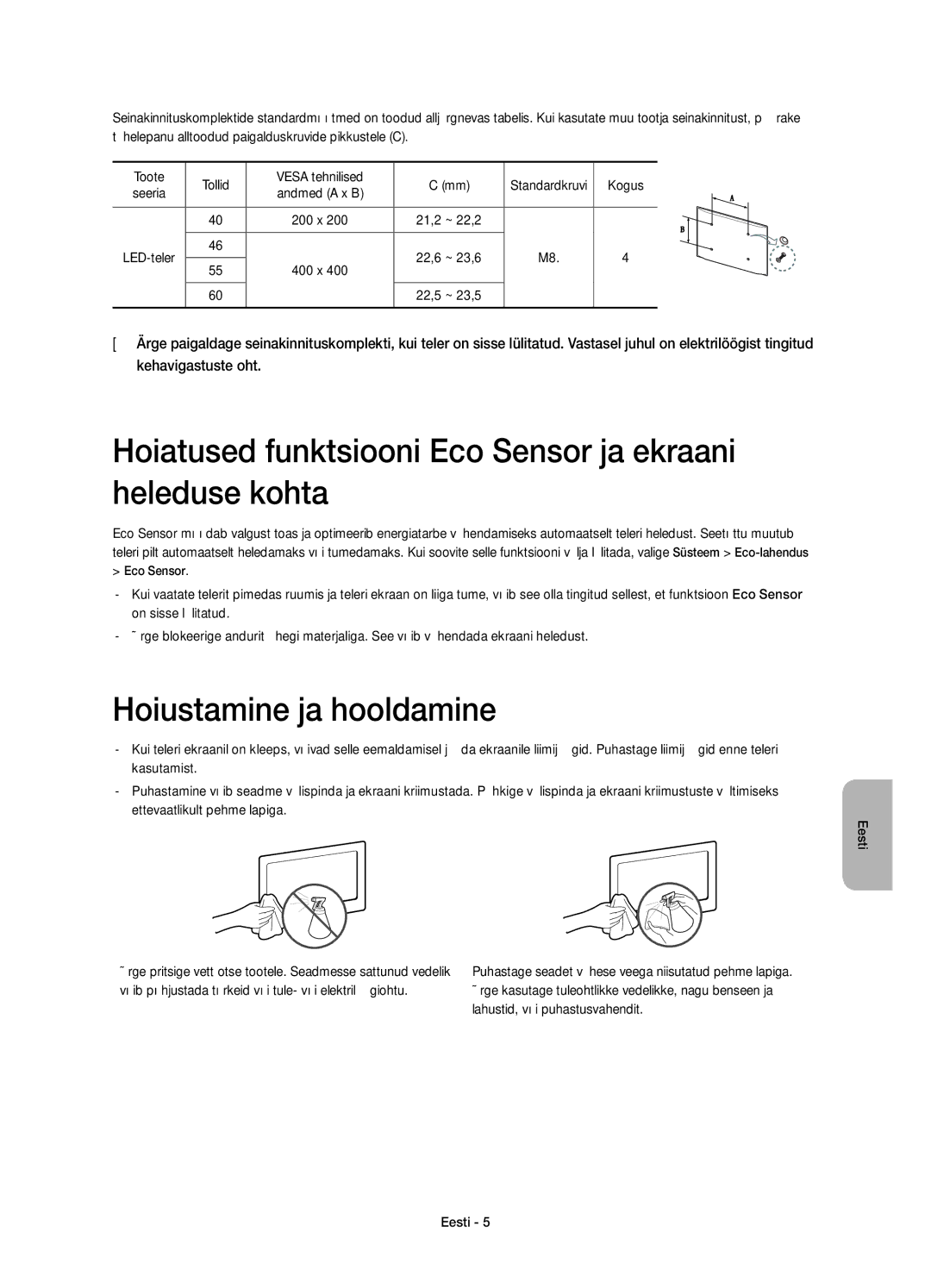 Samsung UE40H7000SLXXN manual Hoiatused funktsiooni Eco Sensor ja ekraani heleduse kohta, Hoiustamine ja hooldamine, Kogus 