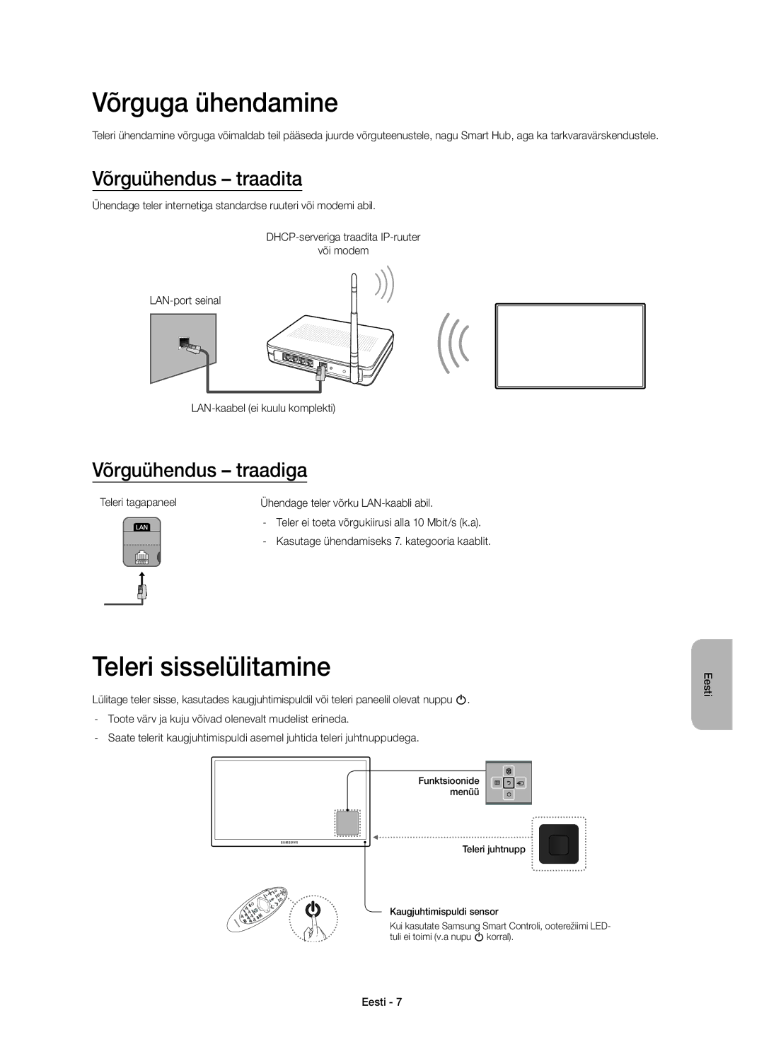 Samsung UE40H7000STXXU manual Võrguga ühendamine, Teleri sisselülitamine, Võrguühendus traadita, Võrguühendus traadiga 