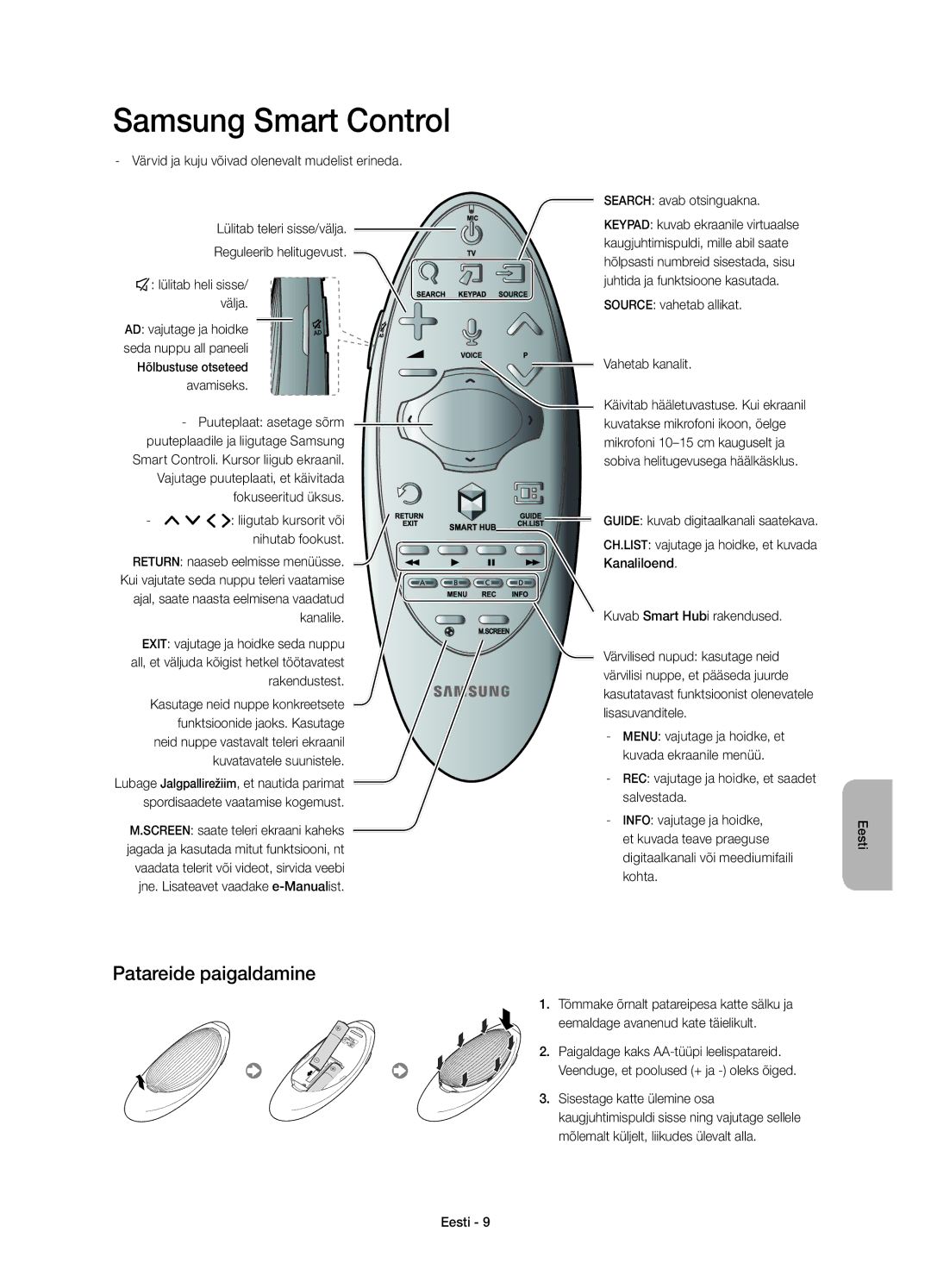 Samsung UE60H7000SLXXN manual Patareide paigaldamine, Search avab otsinguakna, Source vahetab allikat Vahetab kanalit 