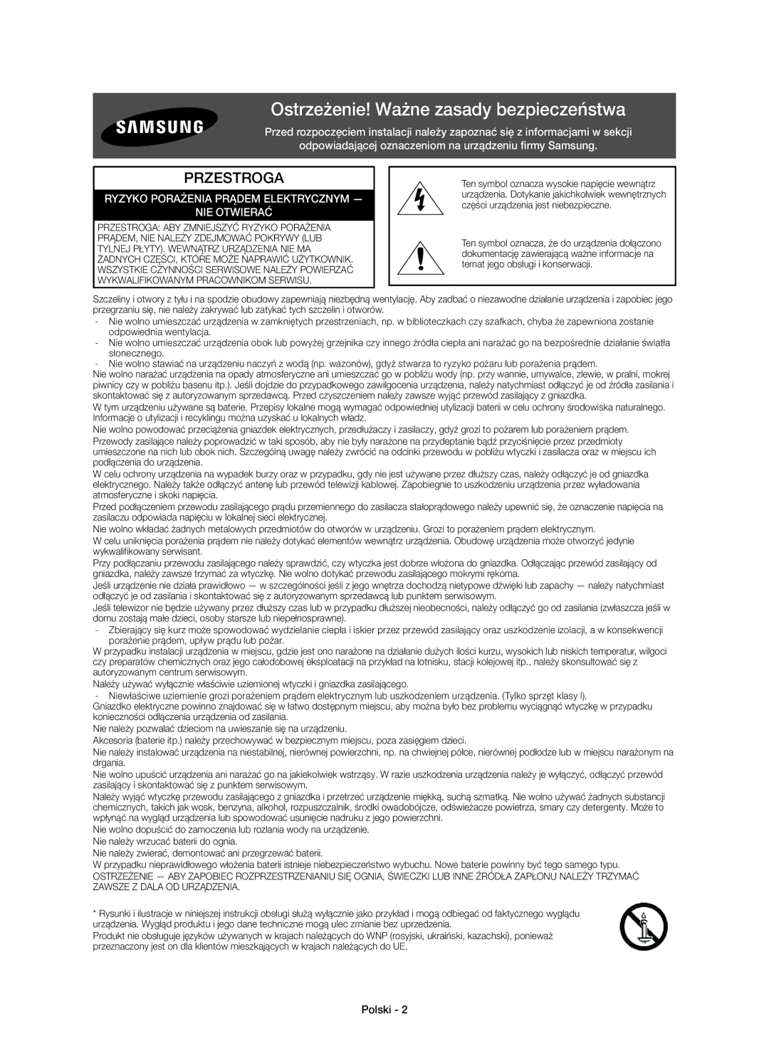 Samsung UE46H7000SLXXH, UE55H7000SLXXH, UE40H7000SLXXH manual Ostrzeżenie! Ważne zasady bezpieczeństwa, Przestroga, Polski 