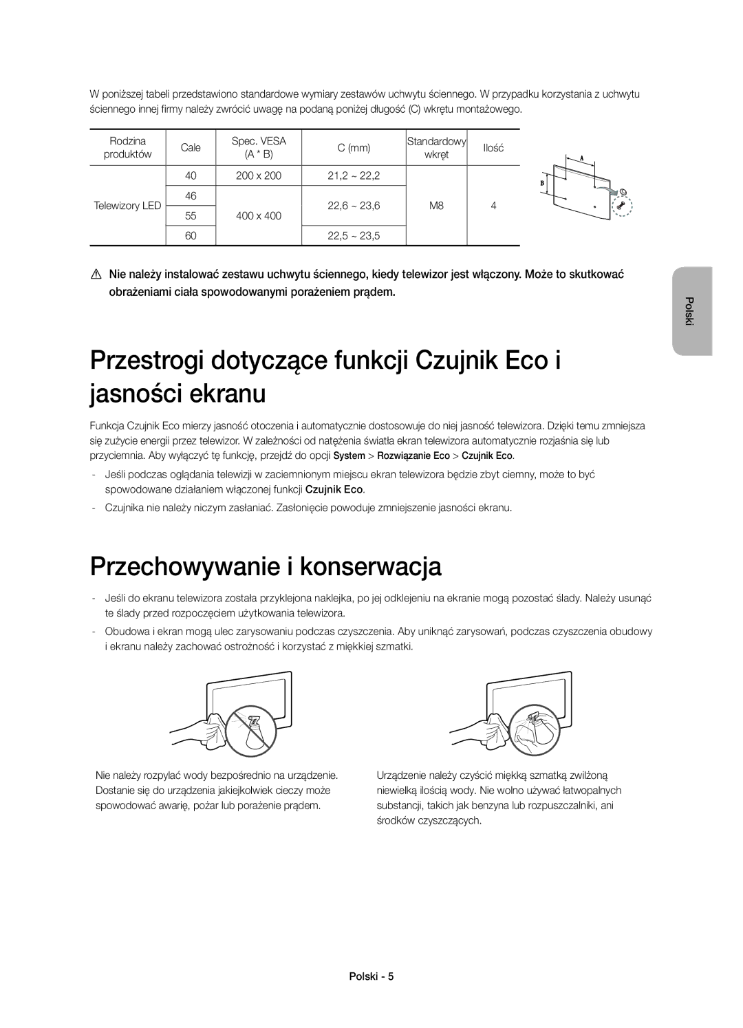 Samsung UE60H7000SLXZF Przestrogi dotyczące funkcji Czujnik Eco i jasności ekranu, Przechowywanie i konserwacja, Ilość 