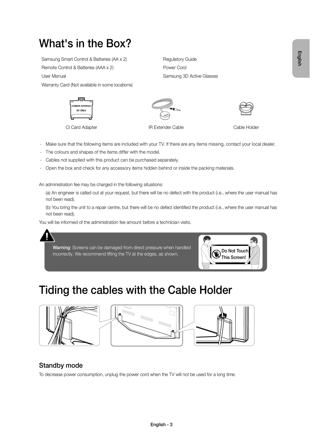 Samsung UE46H7000SLXZF, UE55H7000SLXXH manual Whats in the Box?, Tiding the cables with the Cable Holder, Standby mode 