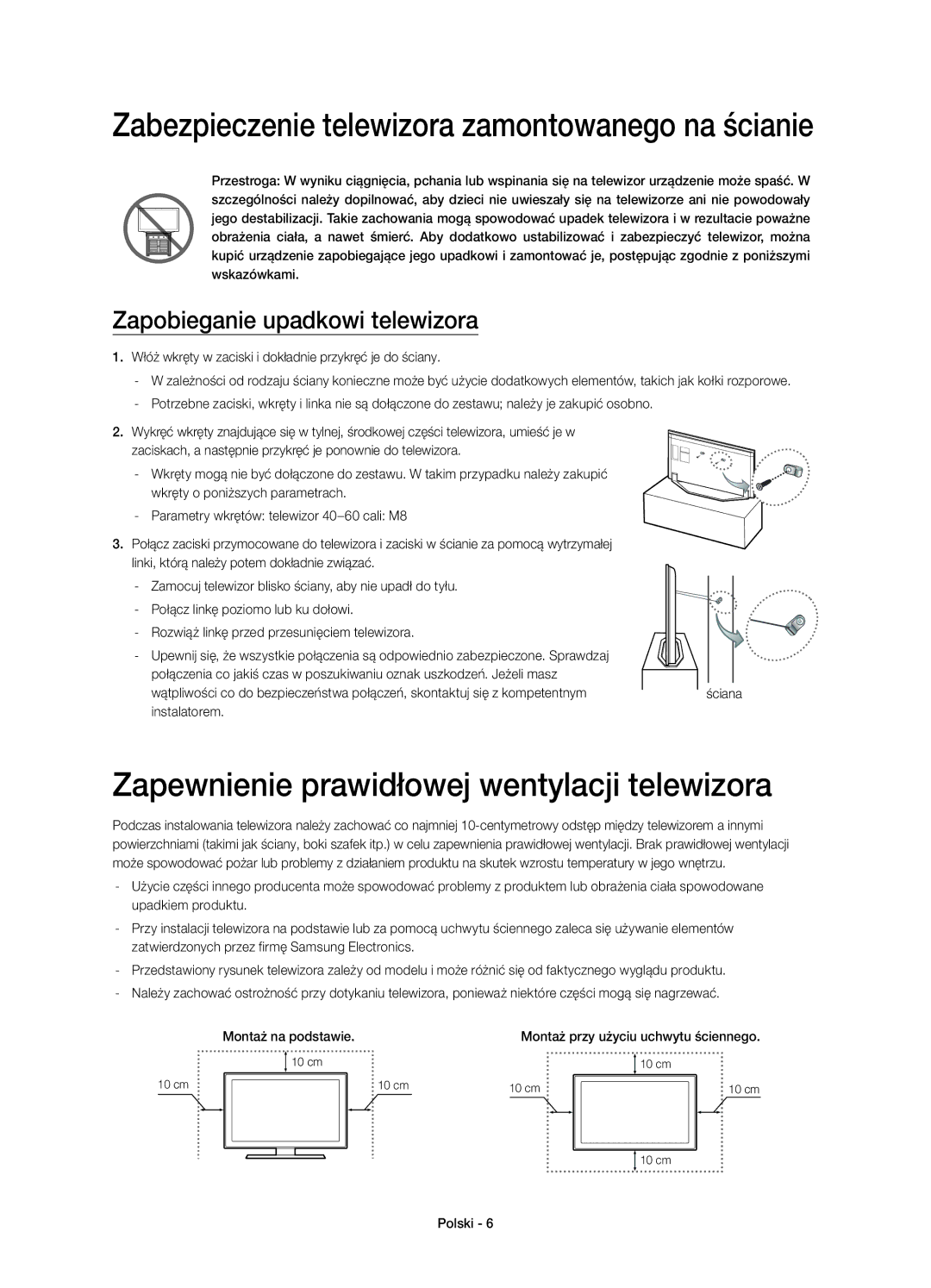 Samsung UE55H7000SLXZF manual Zapewnienie prawidłowej wentylacji telewizora, Zapobieganie upadkowi telewizora, Instalatorem 