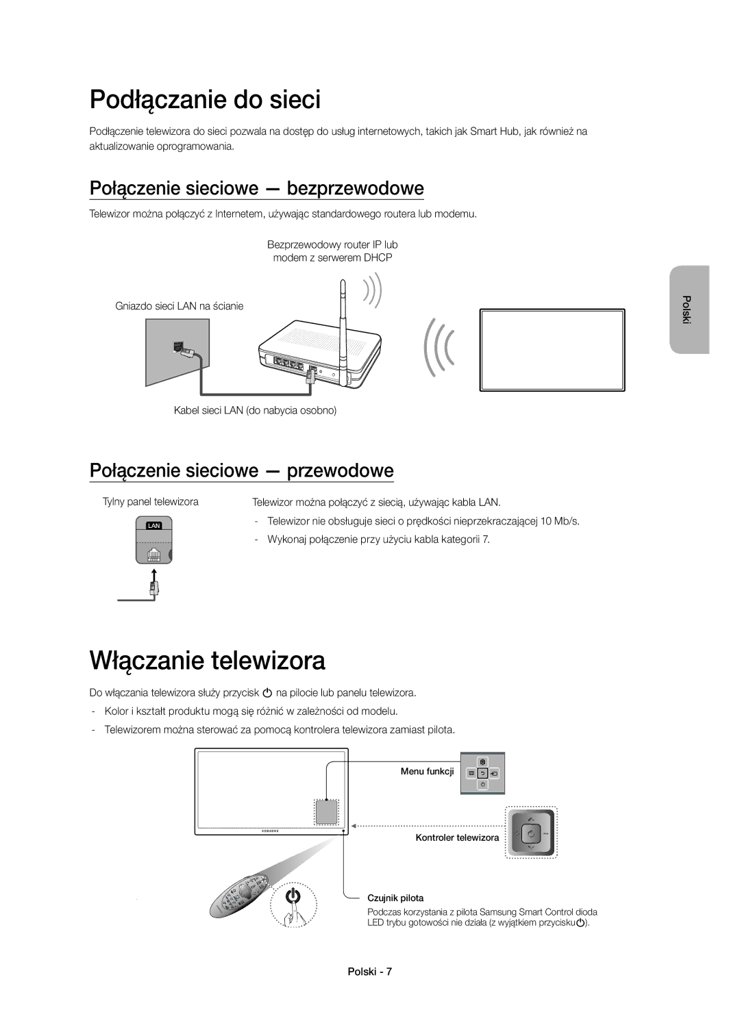 Samsung UE46H7000SLXXN, UE55H7000SLXXH manual Podłączanie do sieci, Włączanie telewizora, Połączenie sieciowe bezprzewodowe 