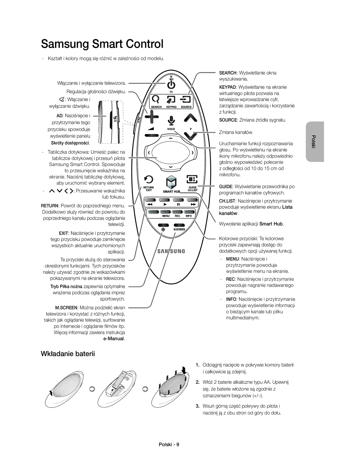 Samsung UE40H7000SLXXC manual Wkładanie baterii, Kształt i kolory mogą się różnić w zależności od modelu, AD Naciśnięcie 