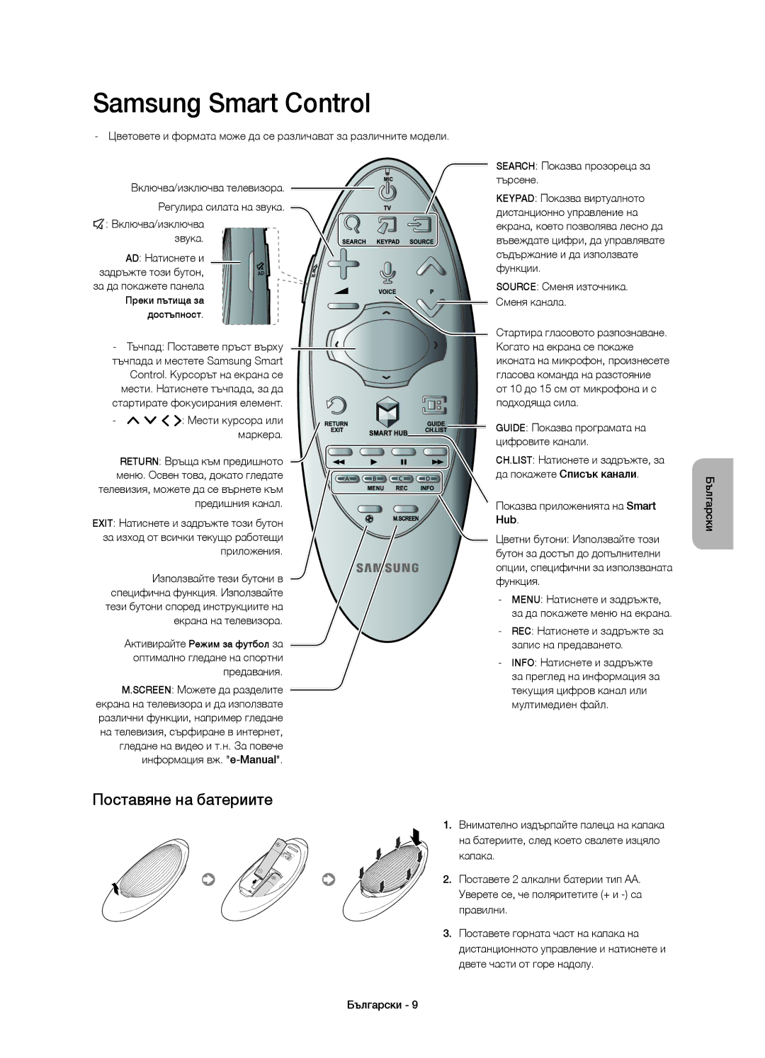 Samsung UE40H7000SLXXC, UE55H7000SLXXH Поставяне на батериите, ¢ Включва/изключва звука, Показва приложенията на Smart Hub 