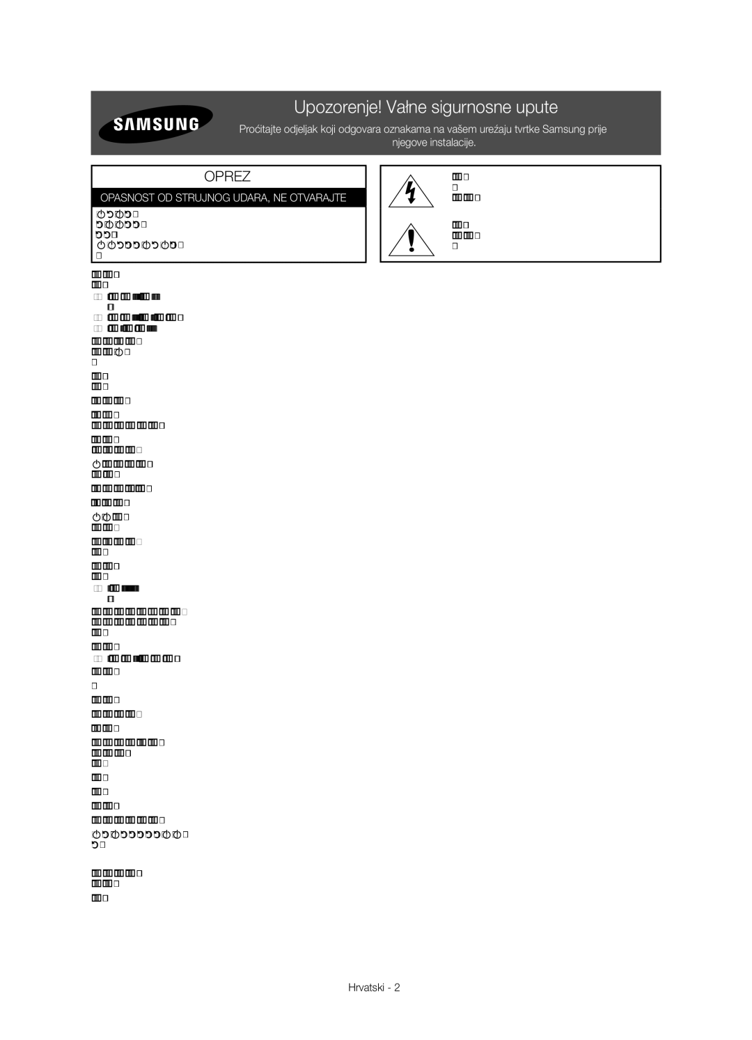 Samsung UE40H7000STXXH manual Upozorenje! Važne sigurnosne upute, Oprez, Opasnost OD Strujnog UDARA, NE Otvarajte, Hrvatski 