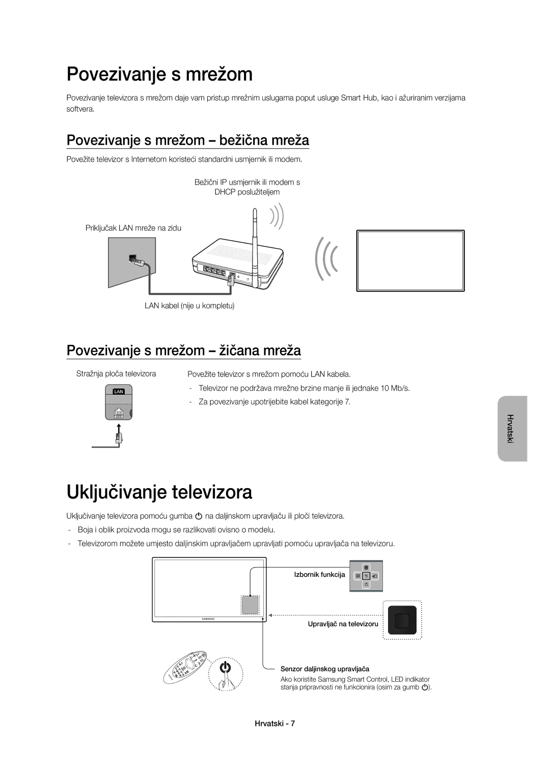 Samsung UE40H7000STXXU Uključivanje televizora, Povezivanje s mrežom bežična mreža, Povezivanje s mrežom žičana mreža 