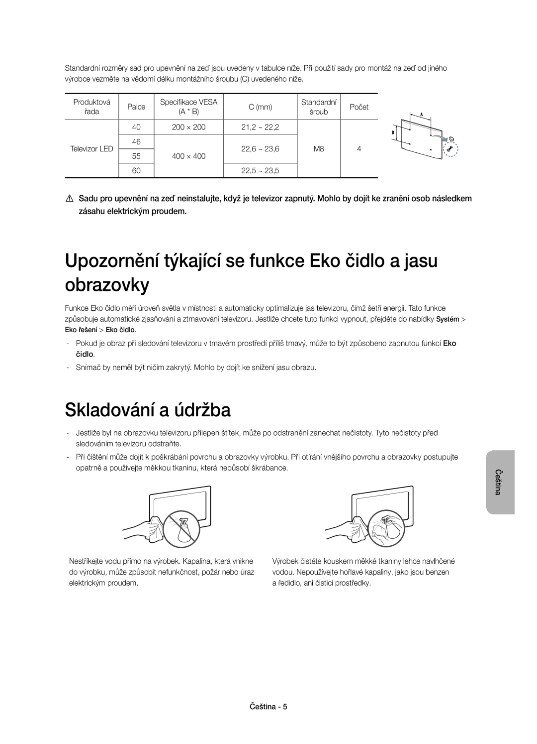 Samsung UE60H7000SLXZF Upozornění týkající se funkce Eko čidlo a jasu obrazovky, Skladování a údržba, Standardní Počet 