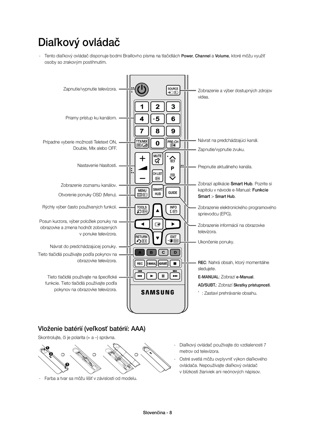 Samsung UE60H7000STXXU, UE55H7000SLXXH, UE40H7000SLXXH manual Diaľkový ovládač, Vloženie batérií veľkosť batérií AAA 