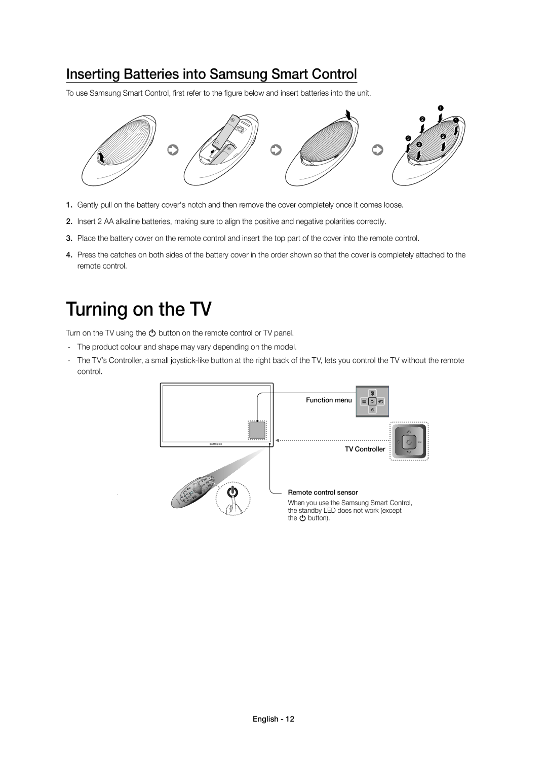 Samsung UE55H7090SVXZG, UE60H7090SVXZG, UE46H7090SVXZG Turning on the TV, Inserting Batteries into Samsung Smart Control 