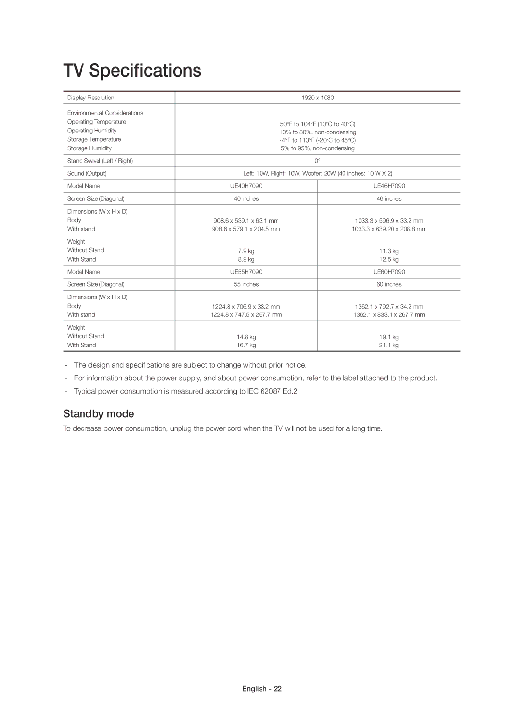 Samsung UE46H7090SVXZG, UE55H7090SVXZG, UE60H7090SVXZG, UE40H7090SVXZG manual TV Specifications, Standby mode 