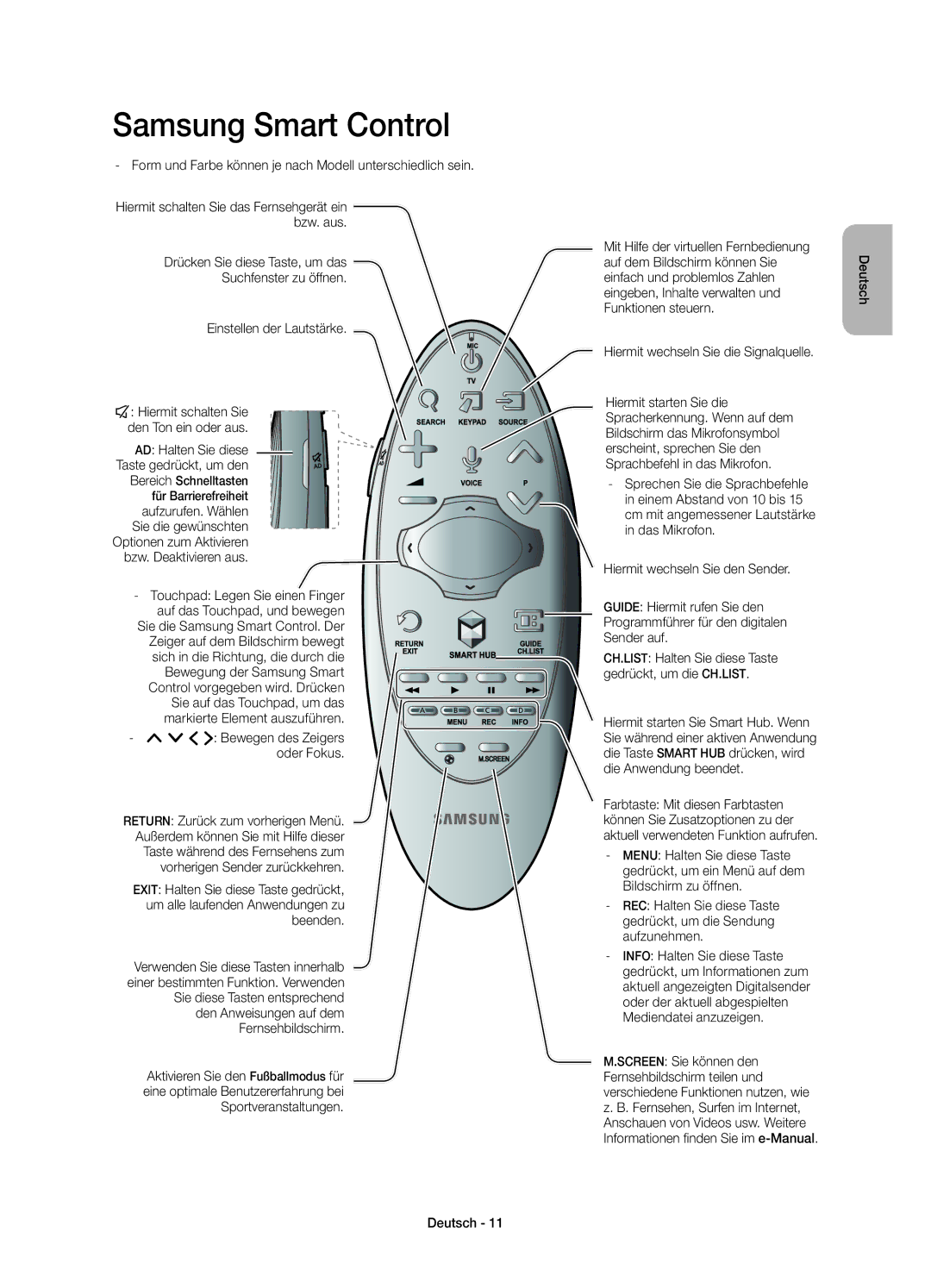 Samsung UE60H7090SVXZG manual Form und Farbe können je nach Modell unterschiedlich sein, ¡ £ Bewegen des Zeigers oder Fokus 