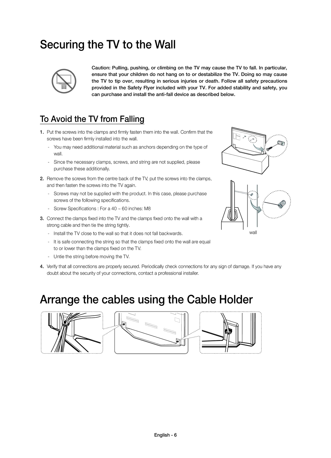 Samsung UE46H7090SVXZG, UE55H7090SVXZG manual Securing the TV to the Wall, Arrange the cables using the Cable Holder 