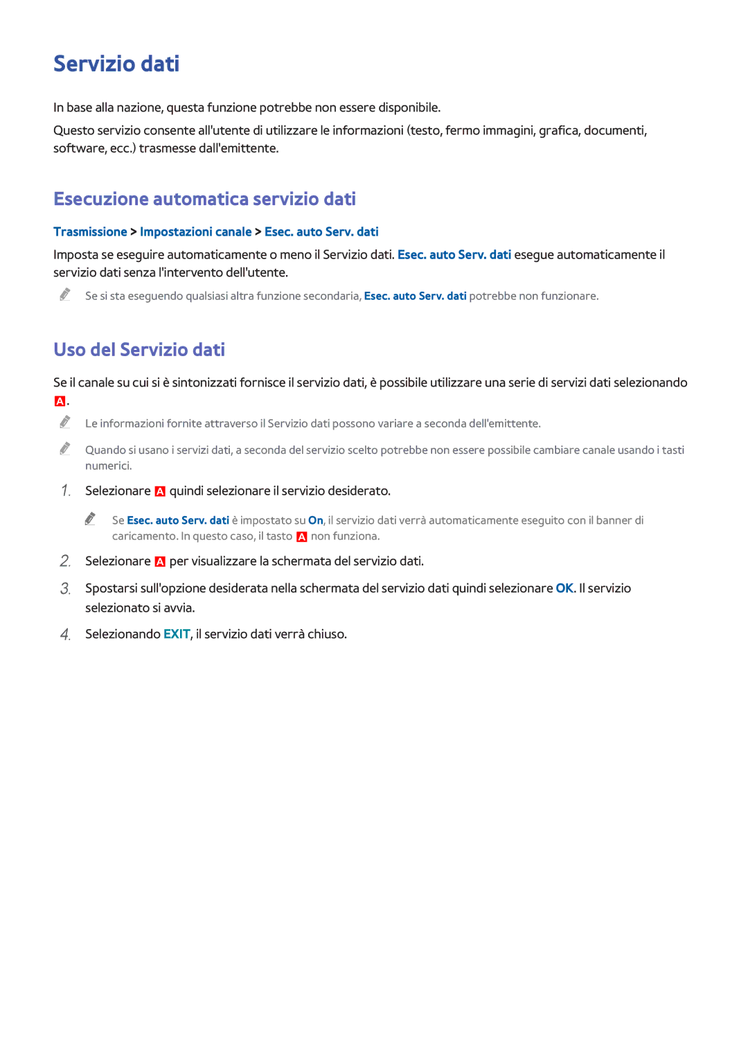 Samsung UE55H8000SLXXN, UE55H8000SLXXH, UE48H8000SLXXH manual Esecuzione automatica servizio dati, Uso del Servizio dati 