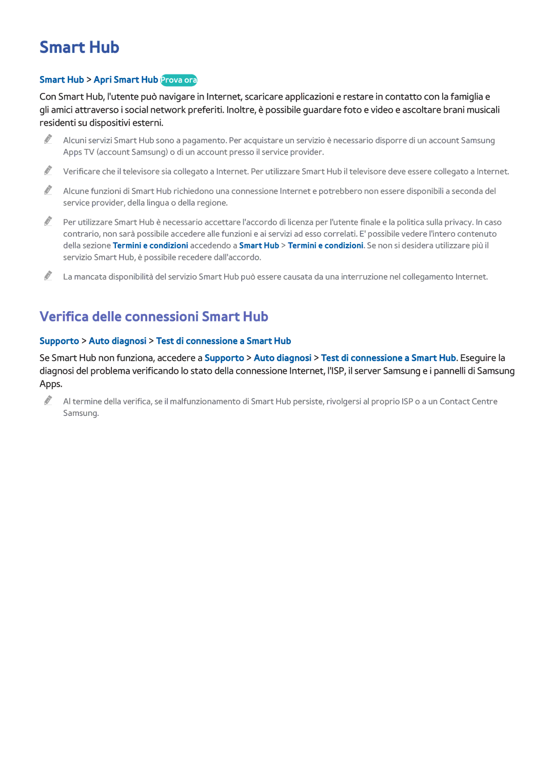 Samsung UE55H8000SZXZT, UE55H8000SLXXH manual Verifica delle connessioni Smart Hub, Smart Hub Apri Smart Hub Prova ora 