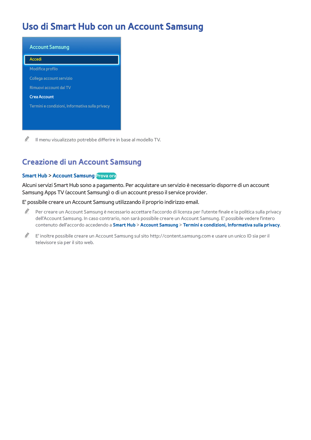 Samsung UE48H8000SZXZT, UE55H8000SLXXH manual Uso di Smart Hub con un Account Samsung, Creazione di un Account Samsung 