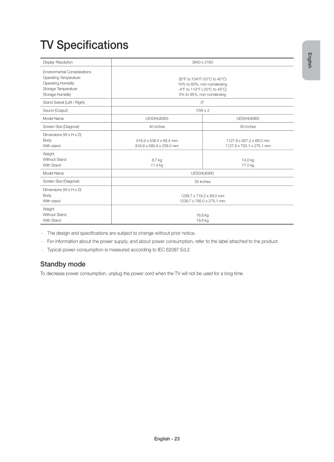 Samsung UE50HU6900SXZF, UE55HU6900SXTK, UE50HU6900SXZG, UE40HU6900SXXH, UE55HU6900SXXH manual TV Specifications, Standby mode 