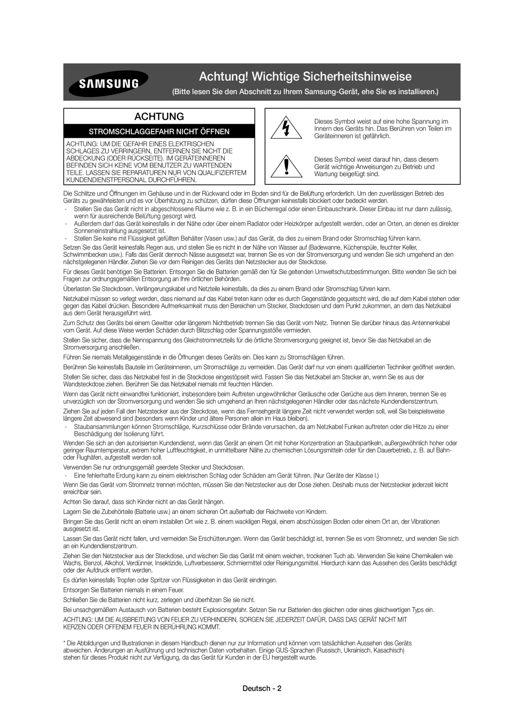 Samsung UE40HU6900SXXH, UE55HU6900SXTK, UE50HU6900SXZG, UE55HU6900SXXH manual Achtung! Wichtige Sicherheitshinweise, Deutsch 