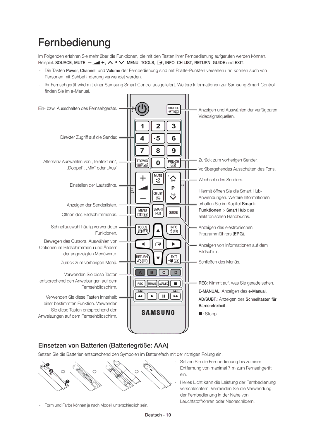 Samsung UE40HU6900SXZF, UE55HU6900SXTK, UE50HU6900SXZG manual Fernbedienung, Einsetzen von Batterien Batteriegröße AAA 