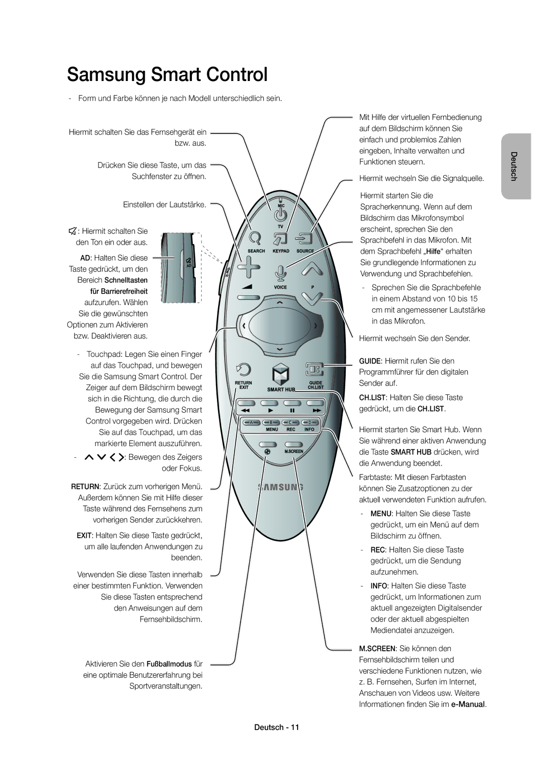 Samsung UE50HU6900SXZF manual Form und Farbe können je nach Modell unterschiedlich sein, ¡ £ Bewegen des Zeigers oder Fokus 