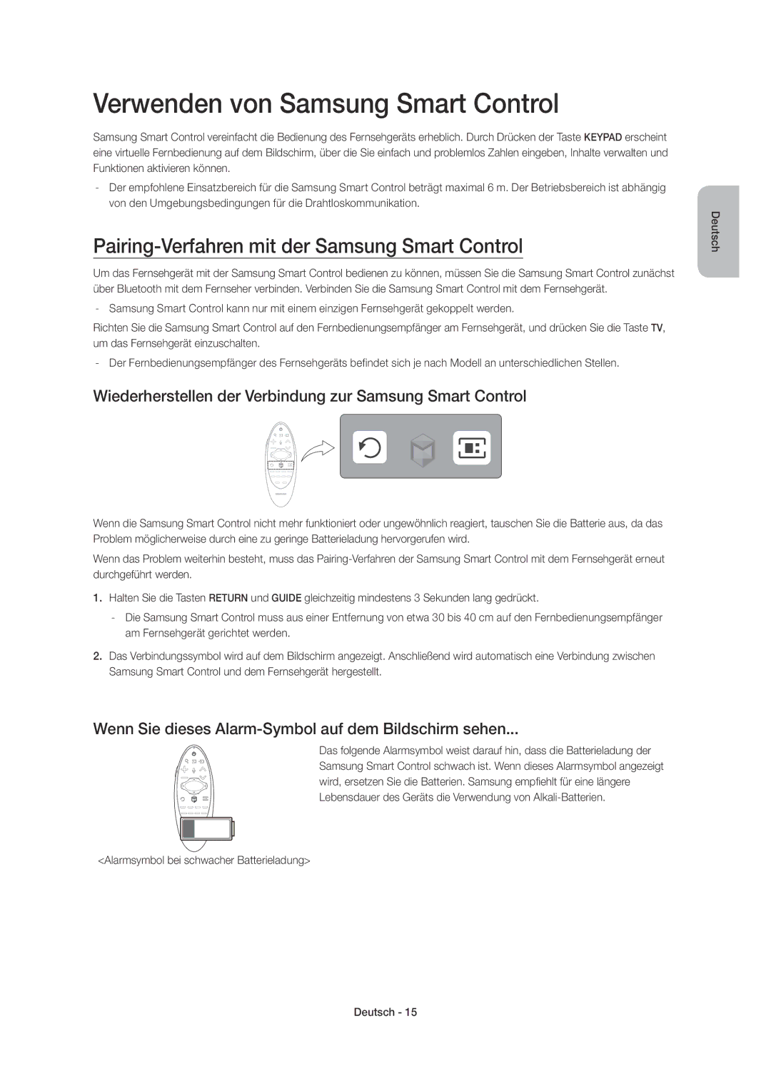 Samsung UE55HU6900SXXH manual Verwenden von Samsung Smart Control, Pairing-Verfahren mit der Samsung Smart Control 