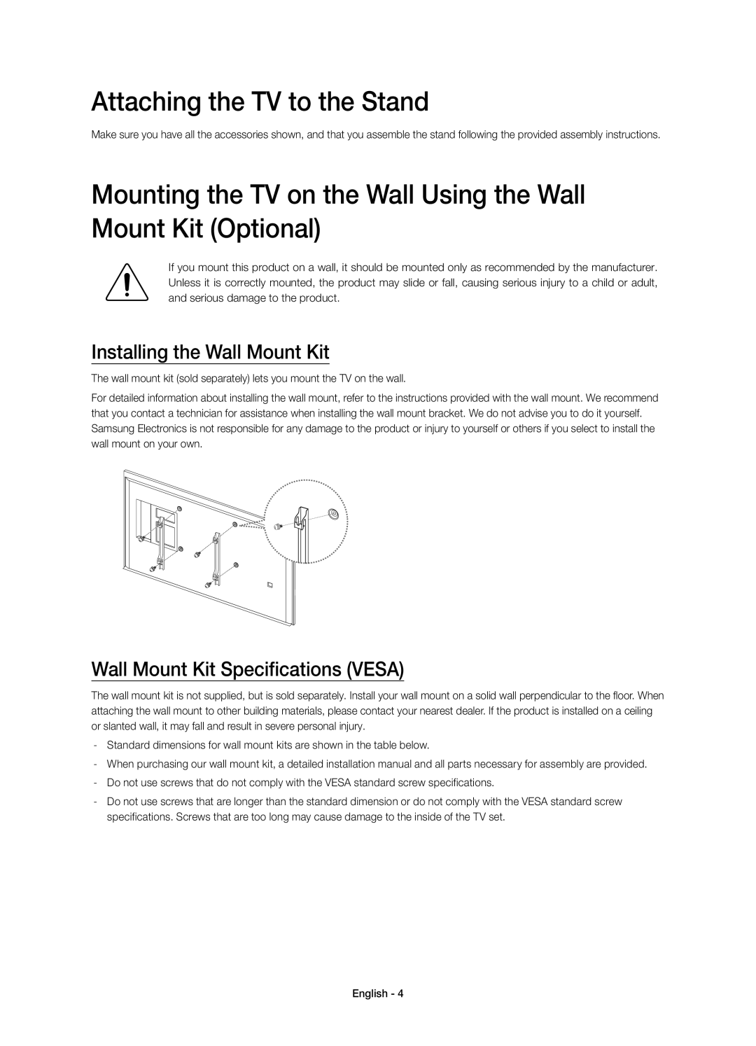 Samsung UE50HU6900SXTK Attaching the TV to the Stand, Installing the Wall Mount Kit, Wall Mount Kit Specifications Vesa 