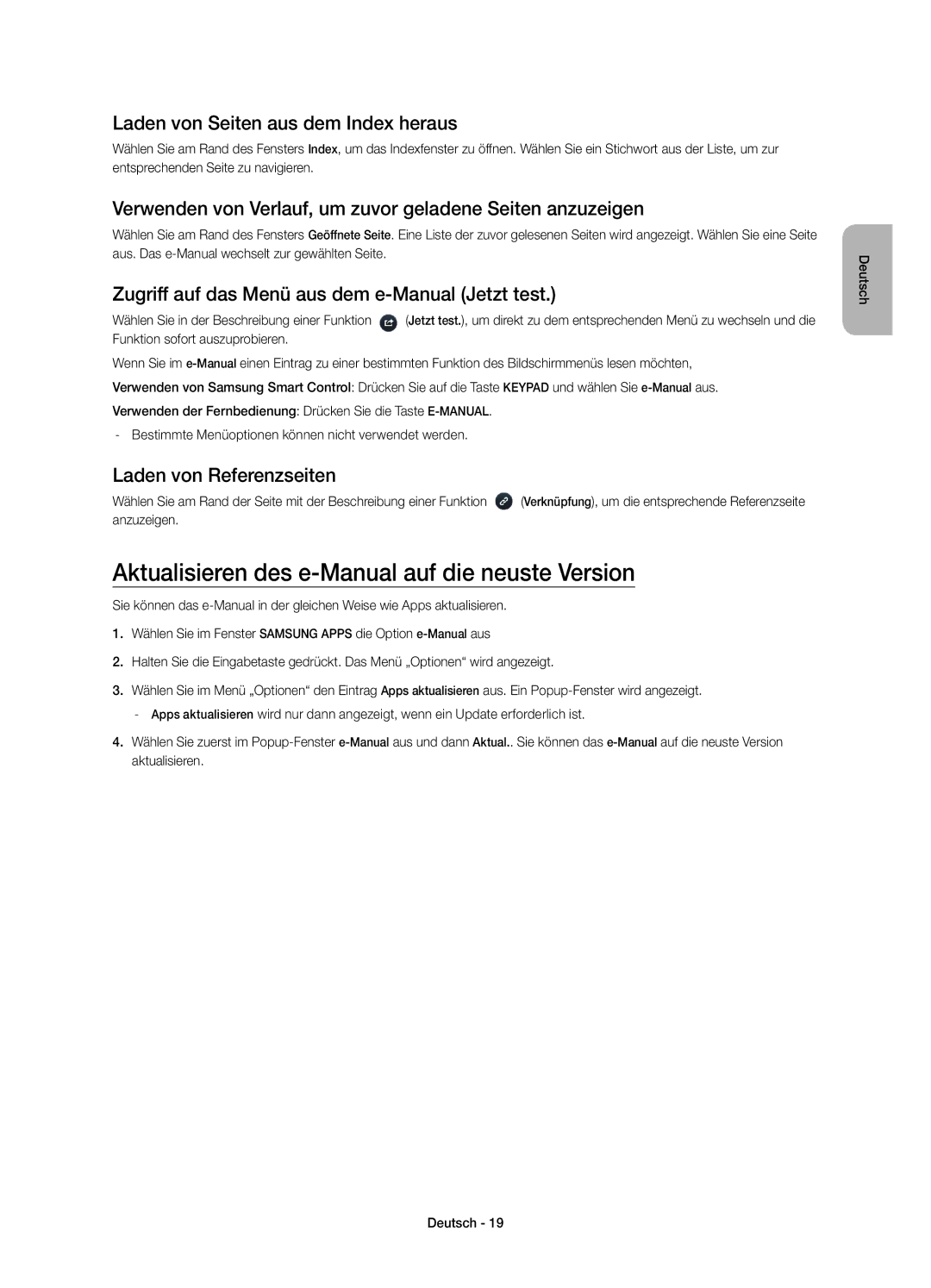Samsung UE40HU6900SXZG manual Aktualisieren des e-Manual auf die neuste Version, Laden von Seiten aus dem Index heraus 