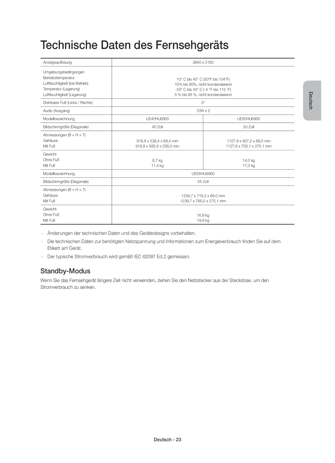 Samsung UE50HU6900SXZF, UE55HU6900SXTK, UE50HU6900SXZG, UE40HU6900SXXH Technische Daten des Fernsehgeräts, Standby-Modus 