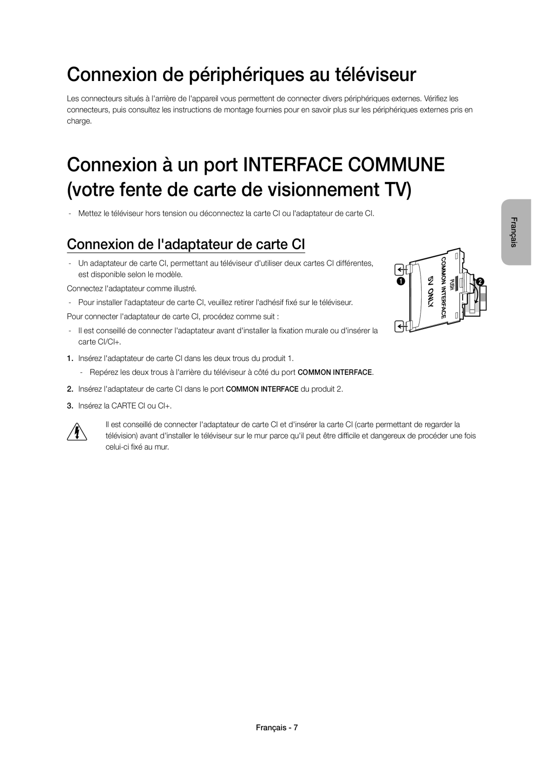 Samsung UE40HU6900SXZG, UE55HU6900SXTK manual Connexion de périphériques au téléviseur, Connexion de ladaptateur de carte CI 