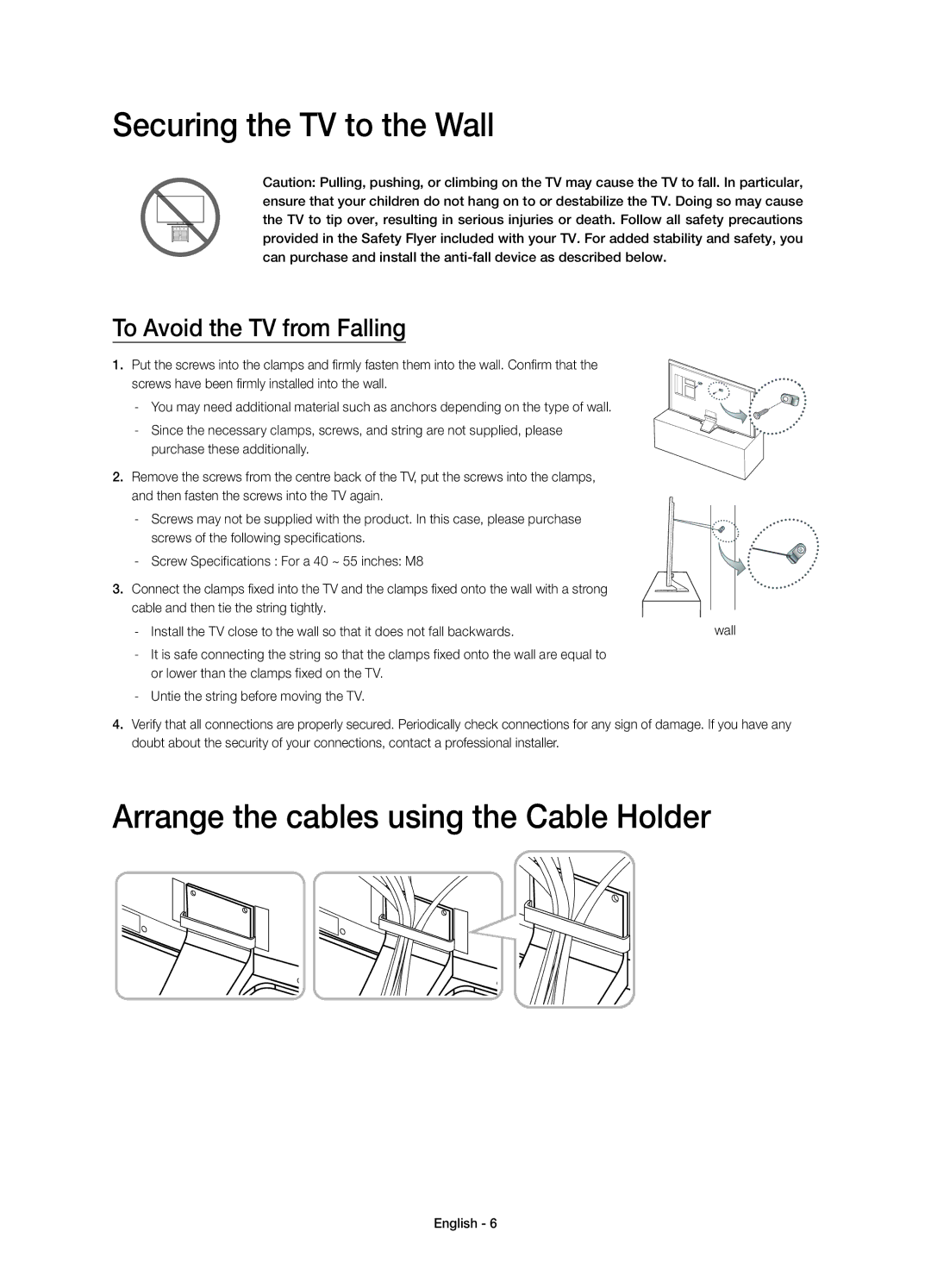 Samsung UE50HU6900SXXH, UE55HU6900SXTK manual Securing the TV to the Wall, Arrange the cables using the Cable Holder 