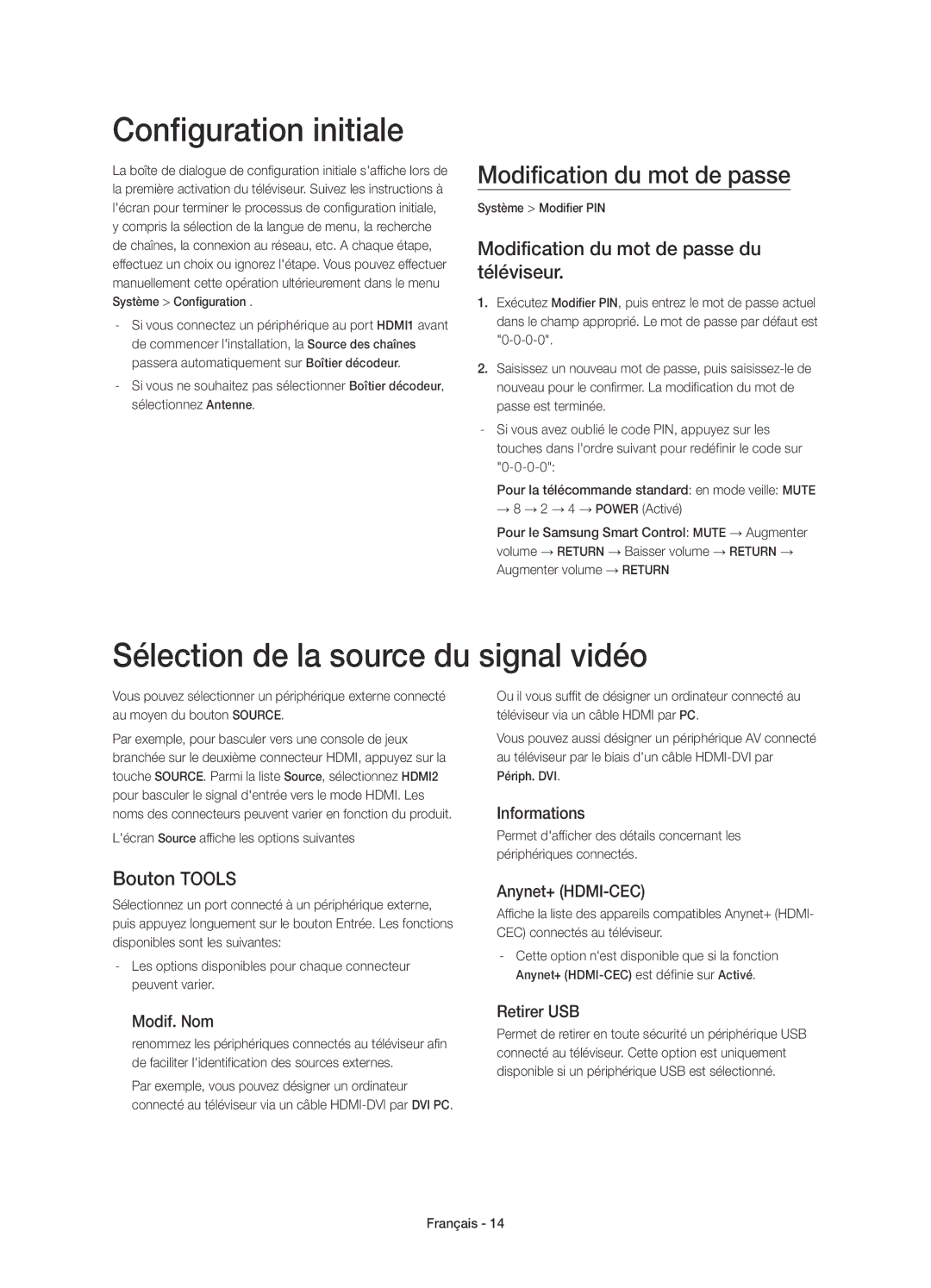 Samsung UE40HU6900SXXH manual Configuration initiale, Sélection de la source du signal vidéo, Modification du mot de passe 