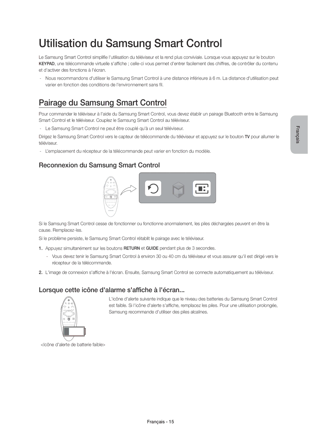 Samsung UE55HU6900SXXH, UE55HU6900SXTK manual Utilisation du Samsung Smart Control, Pairage du Samsung Smart Control 