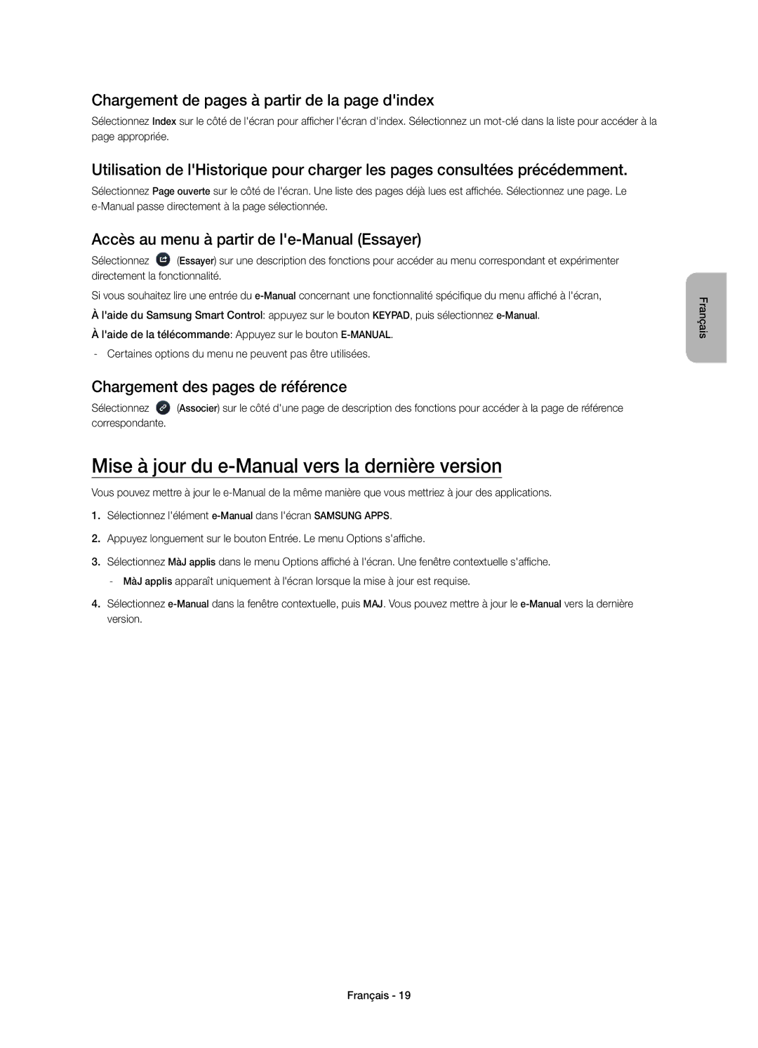 Samsung UE40HU6900SXZG Mise à jour du e-Manual vers la dernière version, Chargement de pages à partir de la page dindex 