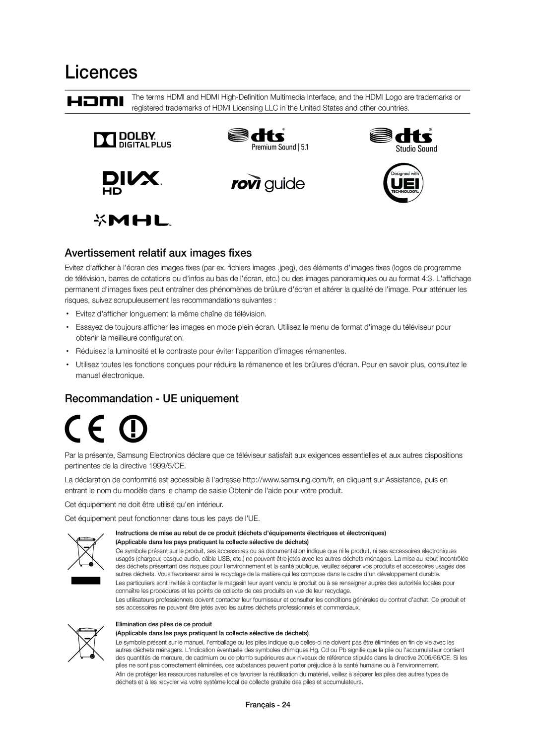 Samsung UE55HU6900SXTK, UE50HU6900SXZG, UE40HU6900SXXH Avertissement relatif aux images fixes, Recommandation UE uniquement 