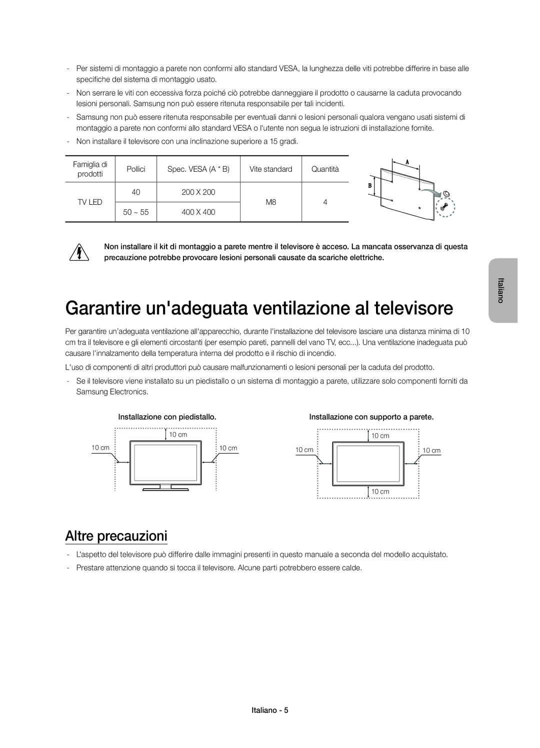 Samsung UE55HU6900SXZG, UE55HU6900SXTK, UE50HU6900SXZG Garantire unadeguata ventilazione al televisore, Altre precauzioni 