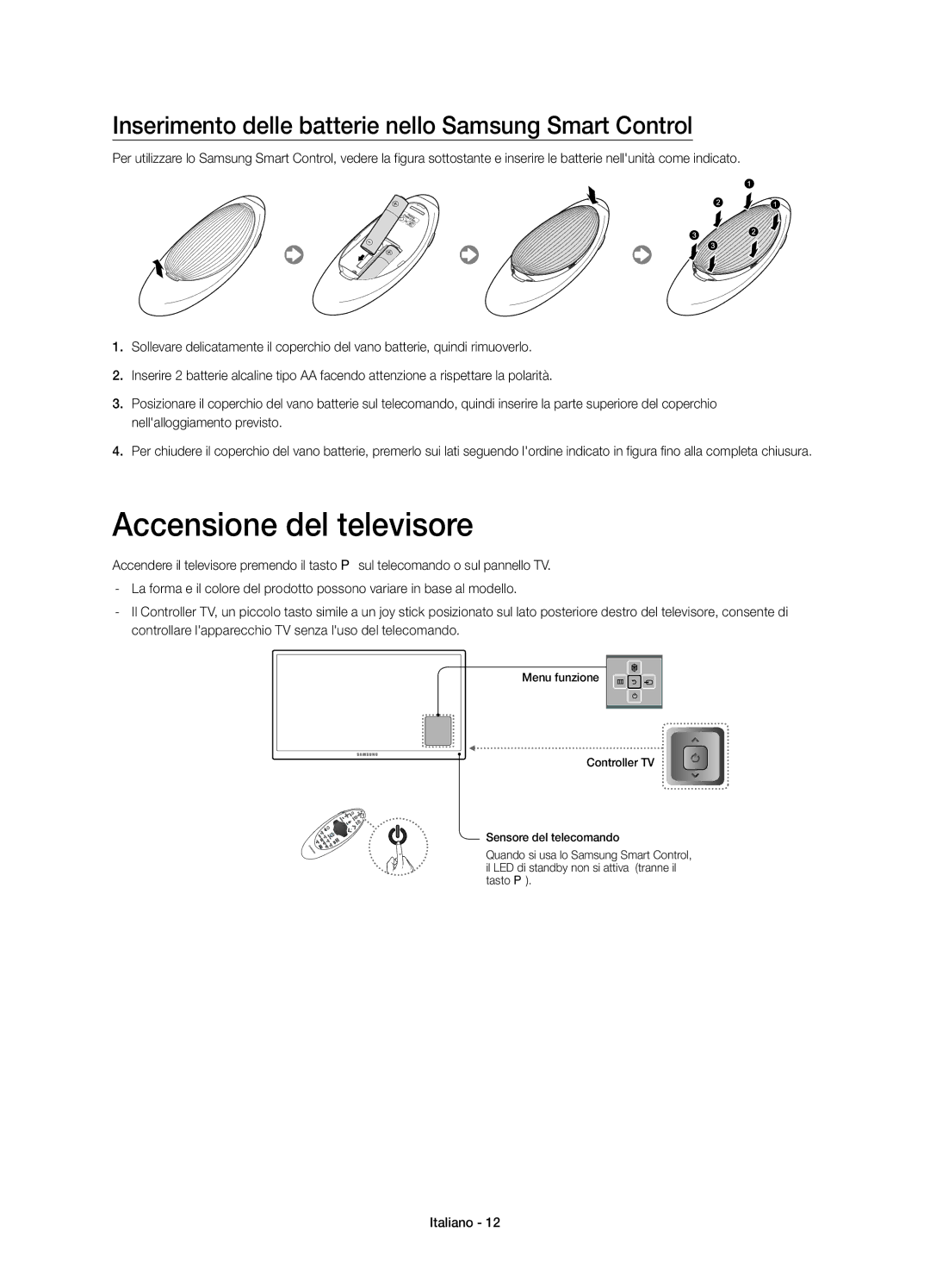 Samsung UE55HU6900SXTK, UE50HU6900SXZG Accensione del televisore, Inserimento delle batterie nello Samsung Smart Control 