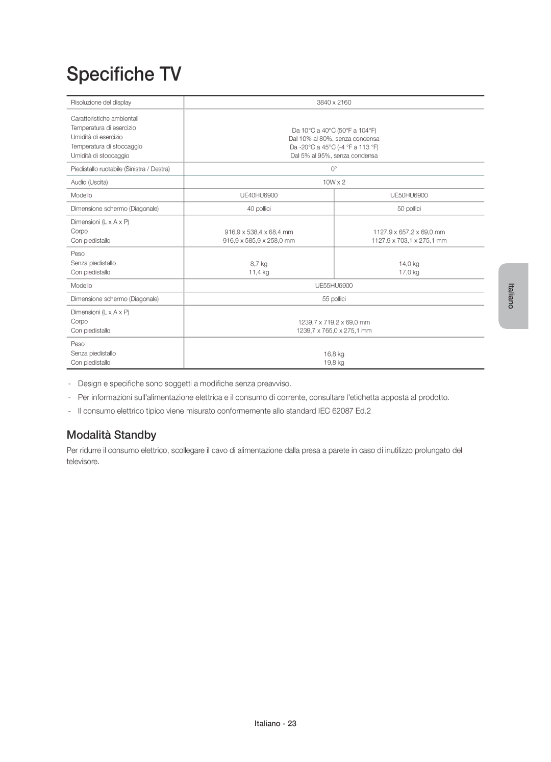 Samsung UE50HU6900SXZF, UE55HU6900SXTK, UE50HU6900SXZG, UE40HU6900SXXH, UE55HU6900SXXH manual Specifiche TV, Modalità Standby 