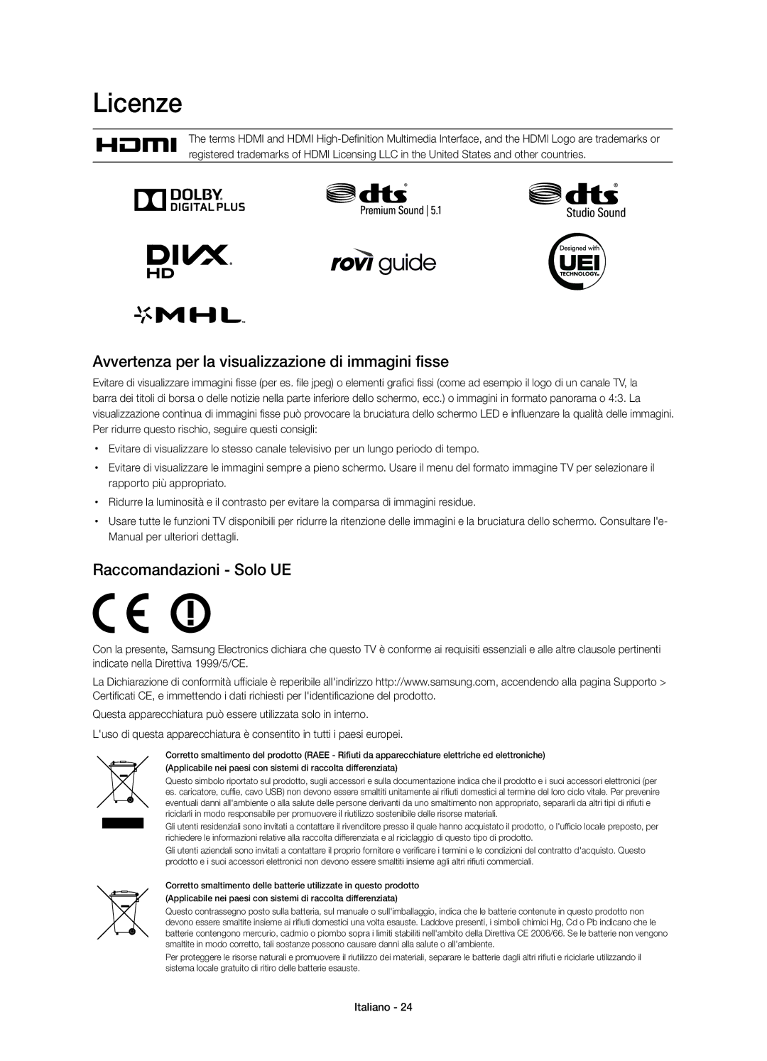 Samsung UE55HU6900SXTK manual Licenze, Avvertenza per la visualizzazione di immagini fisse, Raccomandazioni Solo UE 