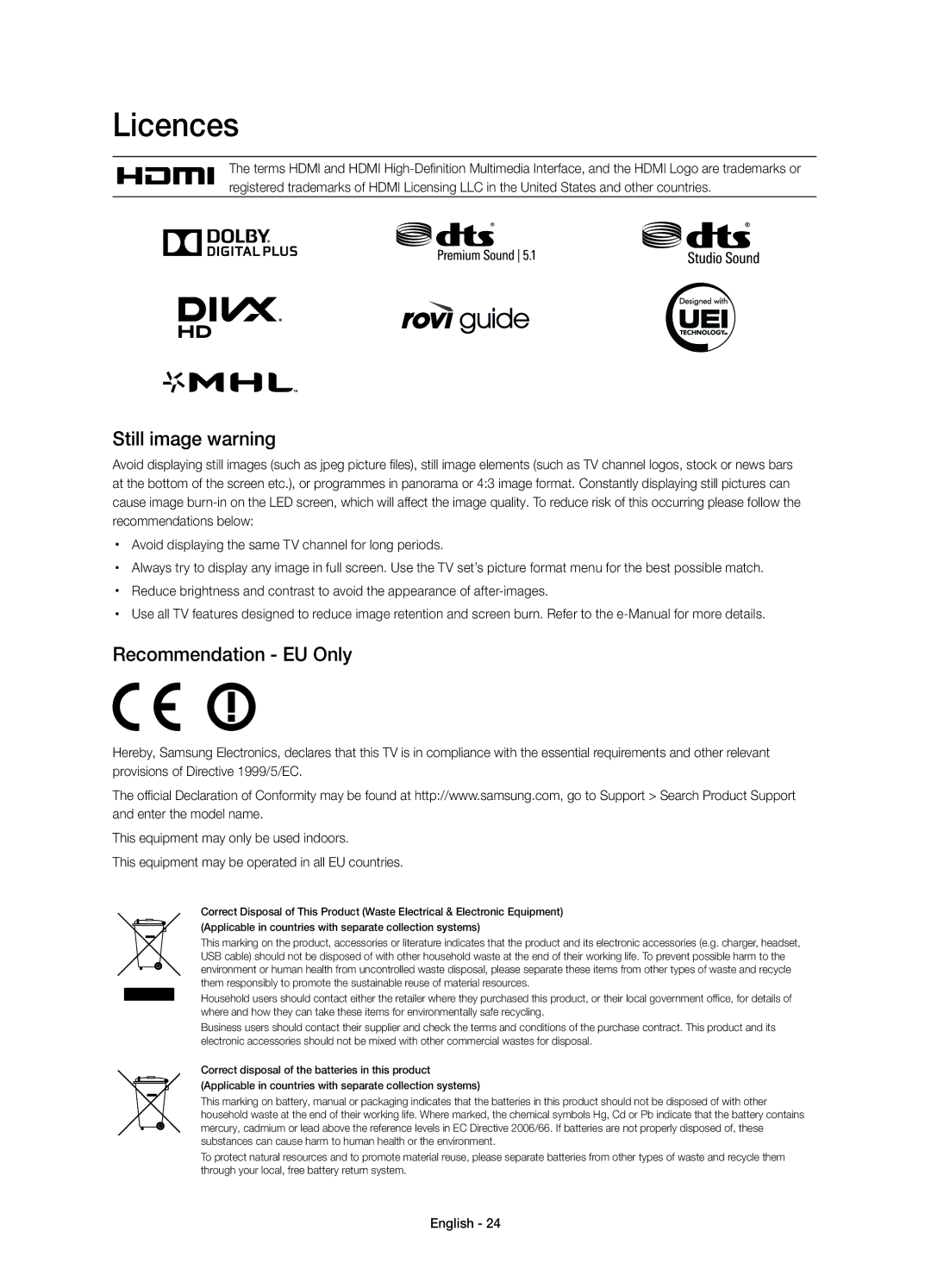 Samsung UE55HU6900SXXC, UE50HU6900SXXC, UE40HU6900SXXC manual Licences, Still image warning, Recommendation EU Only 