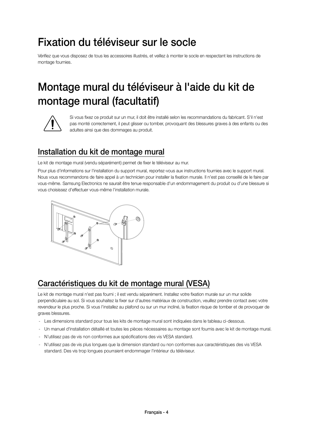 Samsung UE50HU6900SXXC, UE55HU6900SXXC manual Fixation du téléviseur sur le socle, Installation du kit de montage mural 