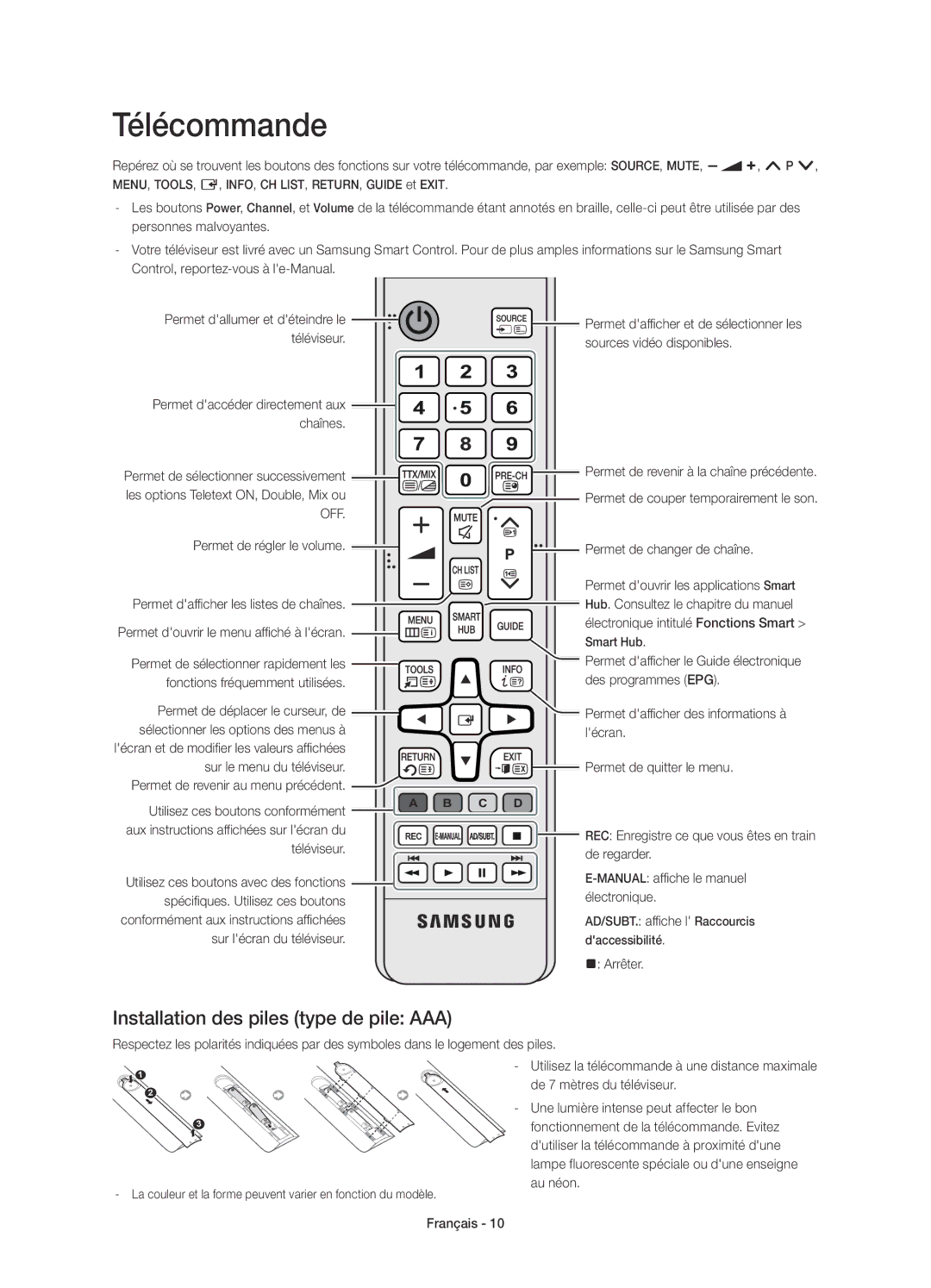 Samsung UE50HU6900SXXC, UE55HU6900SXXC, UE40HU6900SXXC manual Télécommande, Installation des piles type de pile AAA 