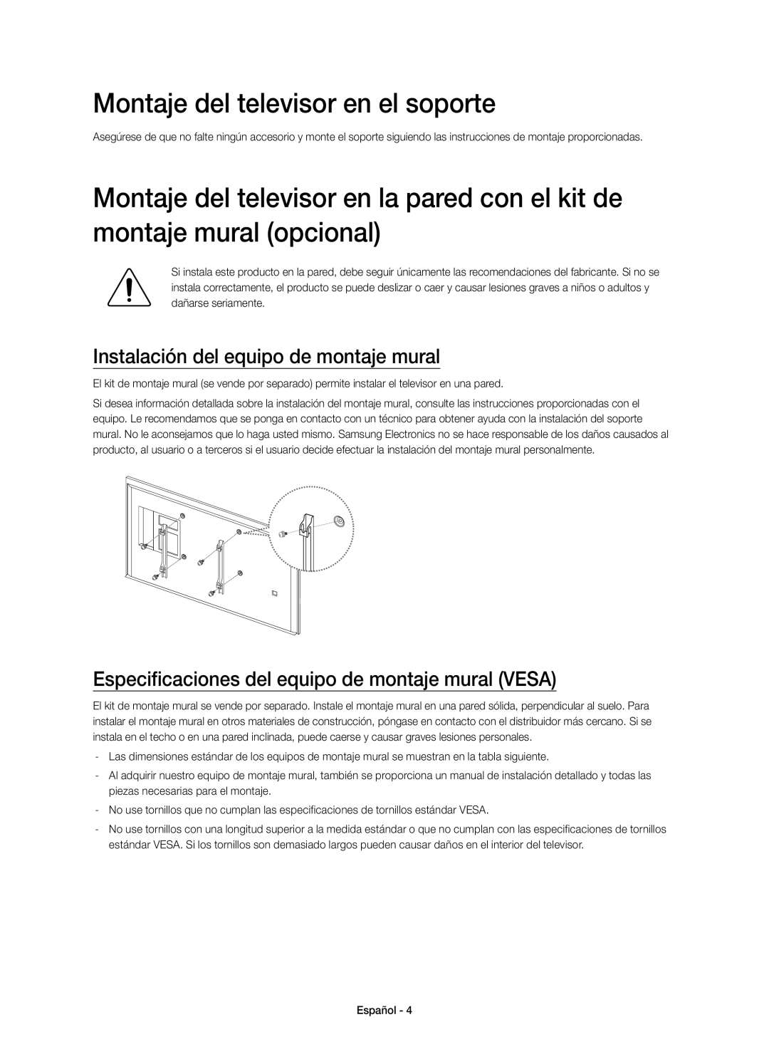 Samsung UE50HU6900SXXC, UE55HU6900SXXC manual Montaje del televisor en el soporte, Instalación del equipo de montaje mural 