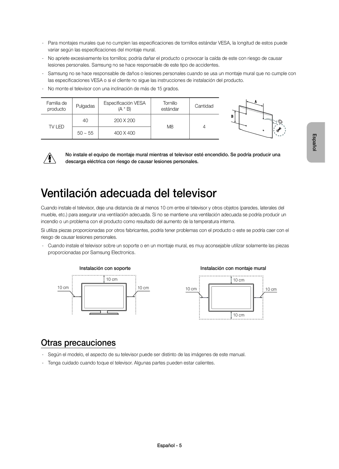 Samsung UE40HU6900SXXC, UE55HU6900SXXC, UE50HU6900SXXC Ventilación adecuada del televisor, Otras precauciones, Pulgadas 