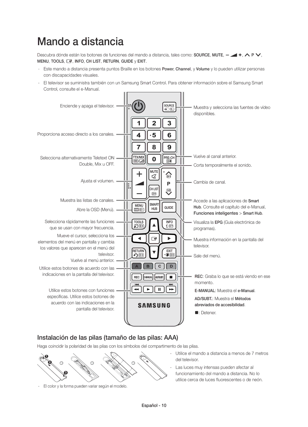 Samsung UE50HU6900SXXC, UE55HU6900SXXC, UE40HU6900SXXC Mando a distancia, Instalación de las pilas tamaño de las pilas AAA 