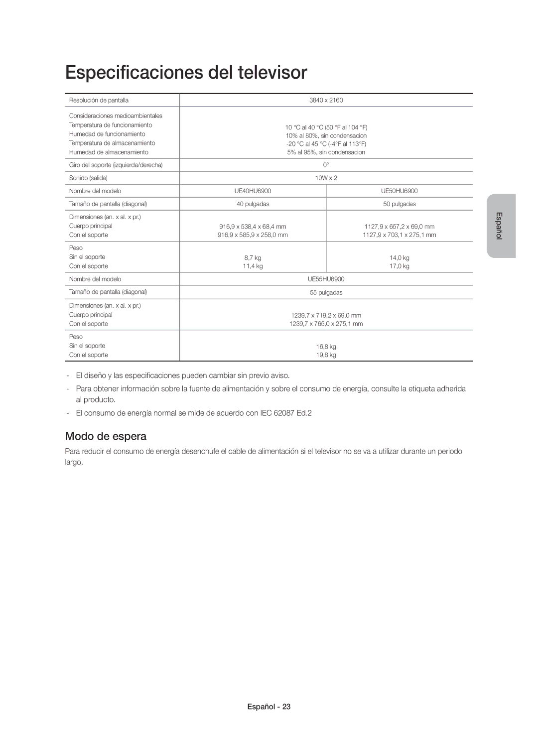 Samsung UE40HU6900SXXC, UE55HU6900SXXC, UE50HU6900SXXC manual Especificaciones del televisor, Modo de espera 