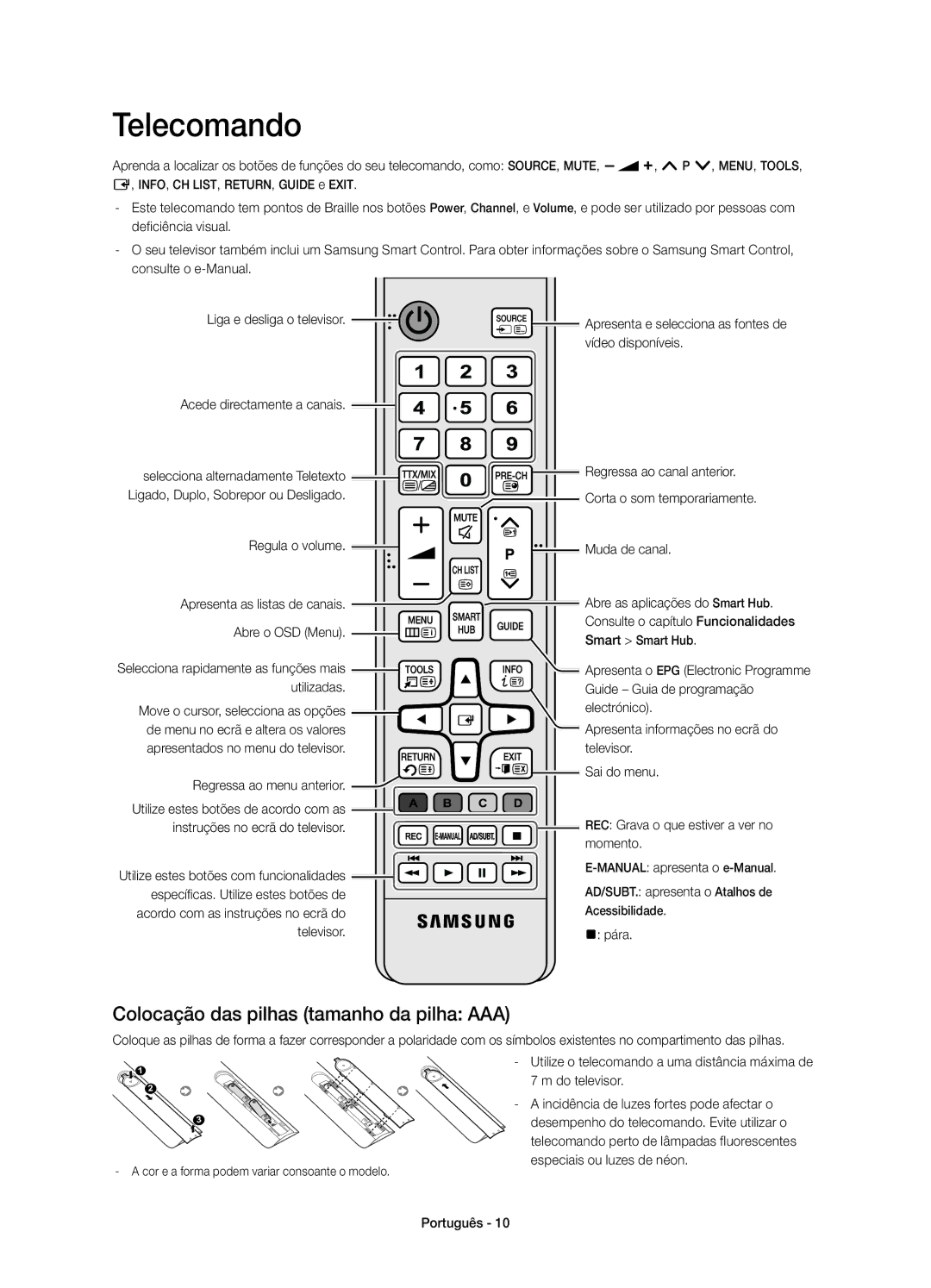 Samsung UE50HU6900SXXC, UE55HU6900SXXC, UE40HU6900SXXC manual Telecomando, Colocação das pilhas tamanho da pilha AAA 