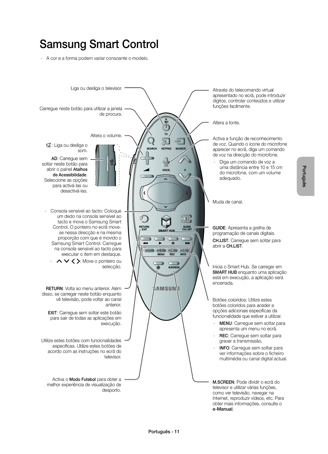 Samsung UE40HU6900SXXC manual Altera a fonte Altera o volume ¢ Liga ou desliga o som, Consola sensível ao tacto Coloque 