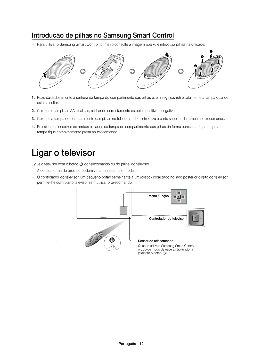 Samsung UE55HU6900SXXC, UE50HU6900SXXC, UE40HU6900SXXC Ligar o televisor, Introdução de pilhas no Samsung Smart Control 